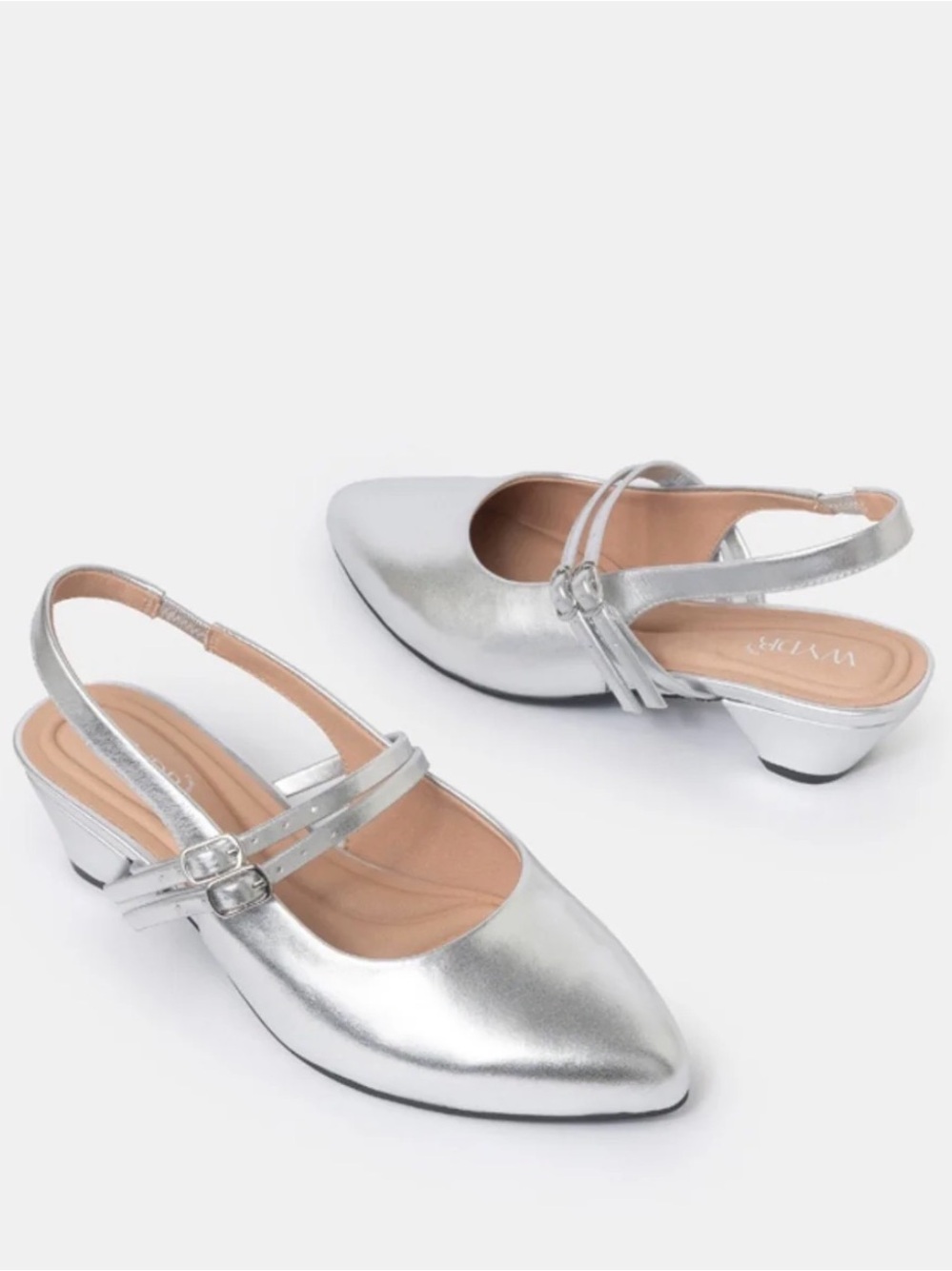Aria double strap silver women’s size 7 wide mini heel silver shoes
